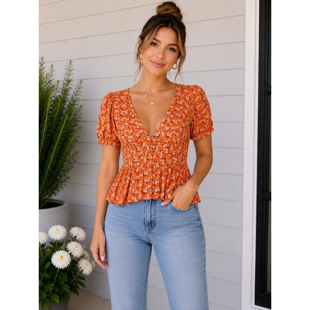 Topshop Orange Floral Peplum Blouse US 6 Puff Sleeve Boho Top
